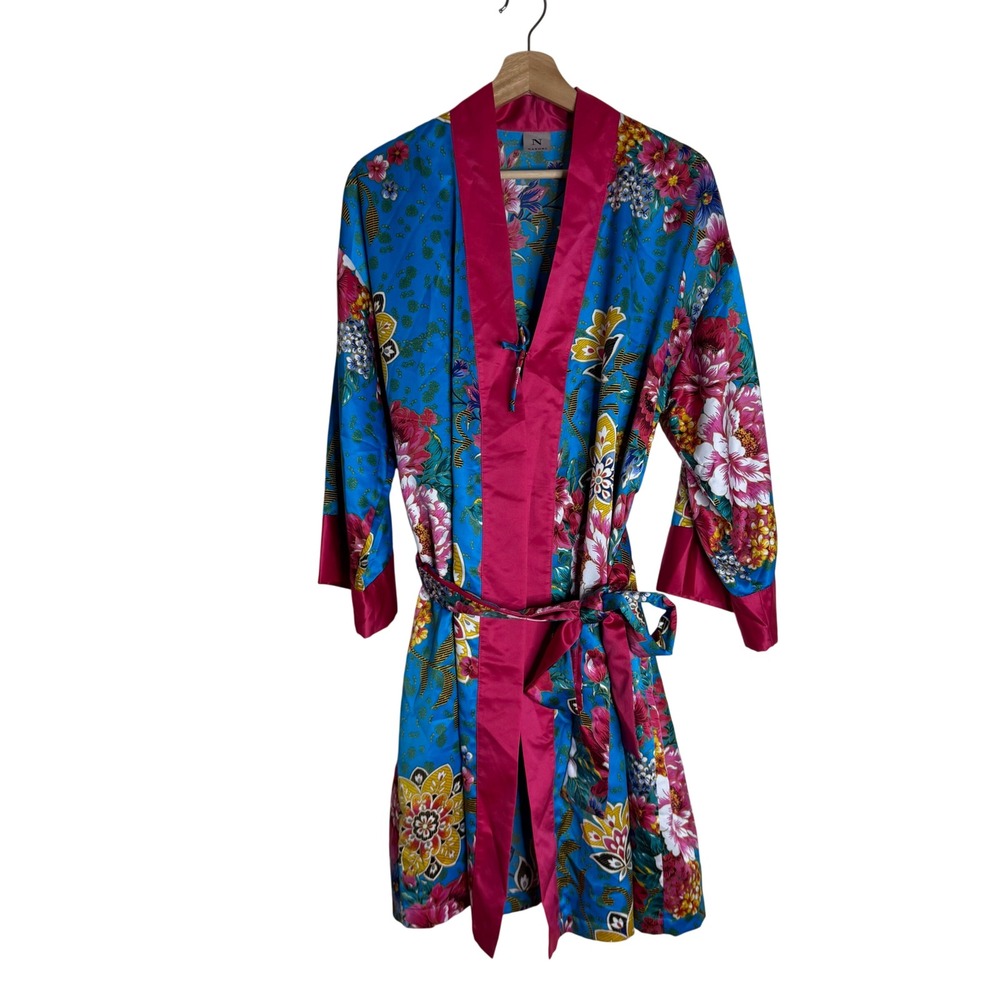 Natori Robe Women's Floral Kimono Short Satin Lounge Blue Pink One Size
